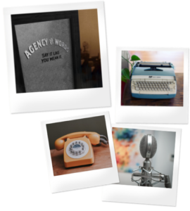 collection of Polaroid images with Agency of Words door, turquoise typewriter, orange rotary dial desktop phone, and silver microphone.