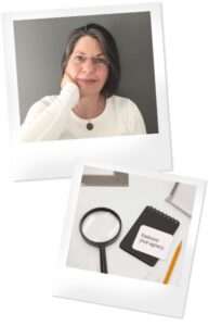 Polaroids of Stacey and a magnifying glass and notebook.