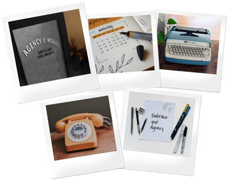 Agency of Words polaroids representing marketing tools (calendar, phone, typewriter, notepad and pens).