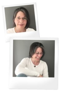 Two polaroid photos of a woman with shoulder length salt and pepper hair and glasses wearing a white pullover.